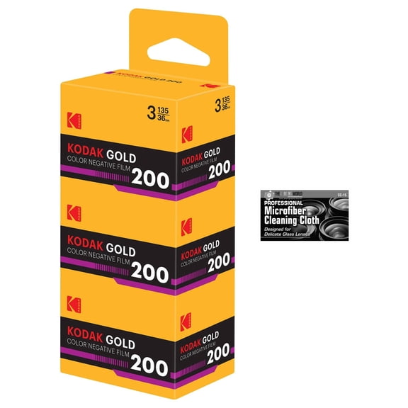 Kodak Eastman GOLD 200 Color Negative Film 35mm Roll Film, 36 Exposures - 3-Pack with Microfiber Cleaning Cloth