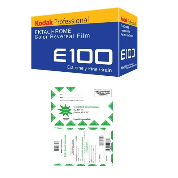 Kodak Kodak Ektachrome E100G Color Slide Film ISO 100, 35mm Size, 36 Exposure, Transparency, - With Fujifilm 35mm Slide Film Mailer for 36 Exposure Rolls