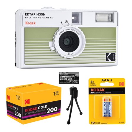 Kodak Ektar H35N Half-Frame Film Camera Striped Green with Eastman Kodak Premium Gold Film + Tabletop Tripod + Batteries + Microfiber Cleaning Cloth