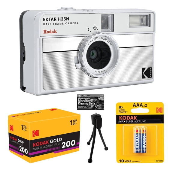 Kodak Ektar H35N Half-Frame Film Camera Striped Silver with Eastman Kodak Premium Gold Film + Tabletop Tripod + Batteries + Microfiber Cleaning Cloth