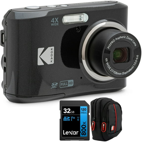 Kodak FZ45BK PIXPRO FZ45 16MP Digital Camera, Black Bundle with Lexar 32GB 800x UHS-I SDHC Memory