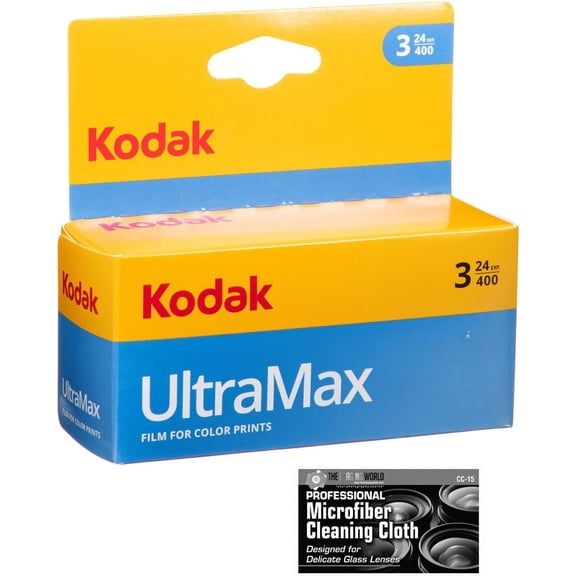 Kodak GC/UltraMax 400 Color Negative Film 35mm Roll Film, 24 Exposures - 3-Pack with Microfiber Cleaning Cloth