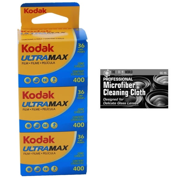 Kodak GC/UltraMax 400 Color Negative Film 35mm Roll Film, 36 Exposures, 3-Pack with Microfiber Cloth