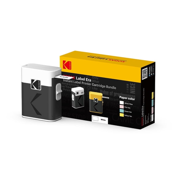 Kodak Label ERA M50 Label Maker bundle, white (label printer with 1 roll sticker label + 12 rolls set (white 9 rolls, pink/green/yellow 1 roll each))