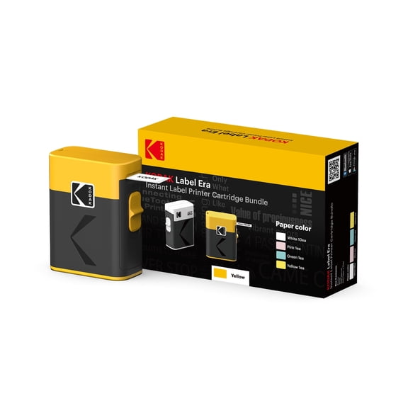 Kodak Label ERA M50 Label Maker bundle, yellow (label printer with 1 roll sticker label + 12 rolls set (white 9 rolls, pink/green/yellow 1 roll each))