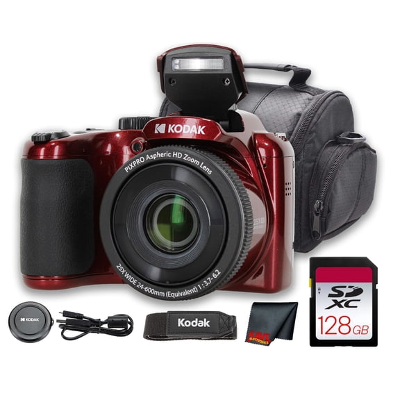 Kodak PIXPRO AZ255 16MP Digital Camera, 25X Optical Zoom, 1080p Video, 3" LCD, Red & Camera Case