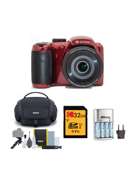 PIXPRO AZ255 Astro Zoom 16MP Digital Camera (Red) with Battery Charger, 32 GB Card Bundle