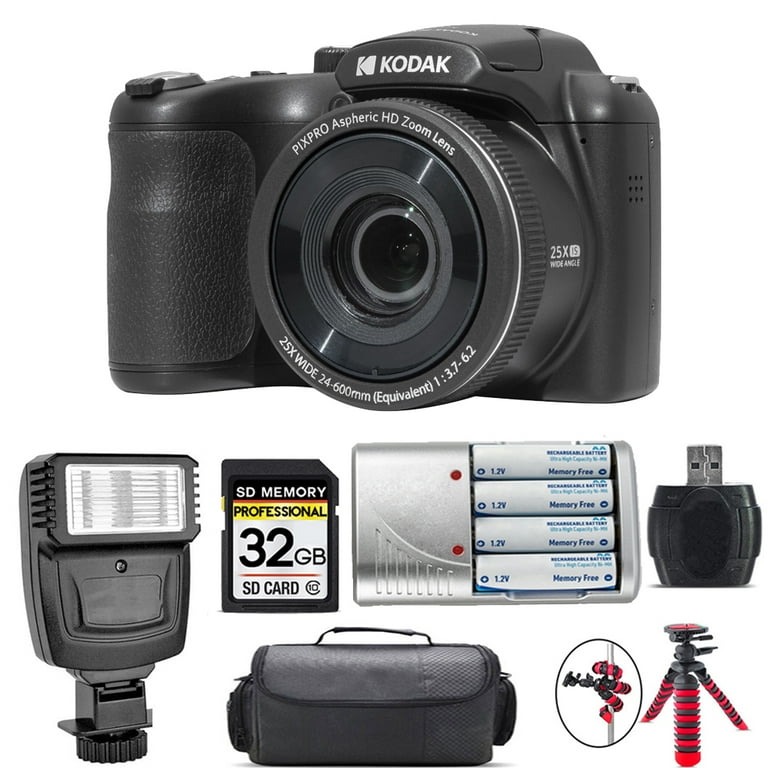 Kodak PIXPRO AZ255 Digital Camera (Black) + Extra Battery + Flash