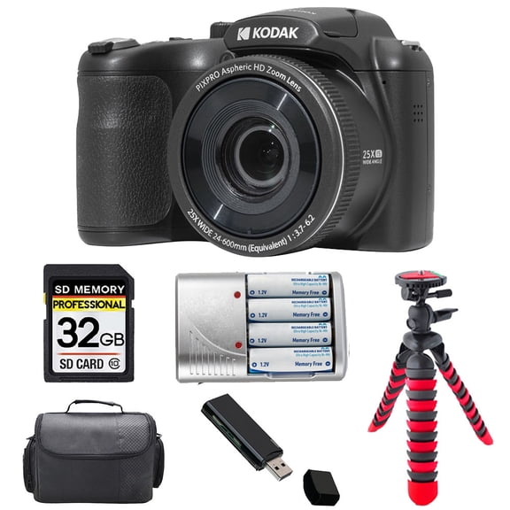 Kodak PIXPRO AZ255 Digital Camera (Black) + Extra Battery +Tripod + Case -32GB Kit