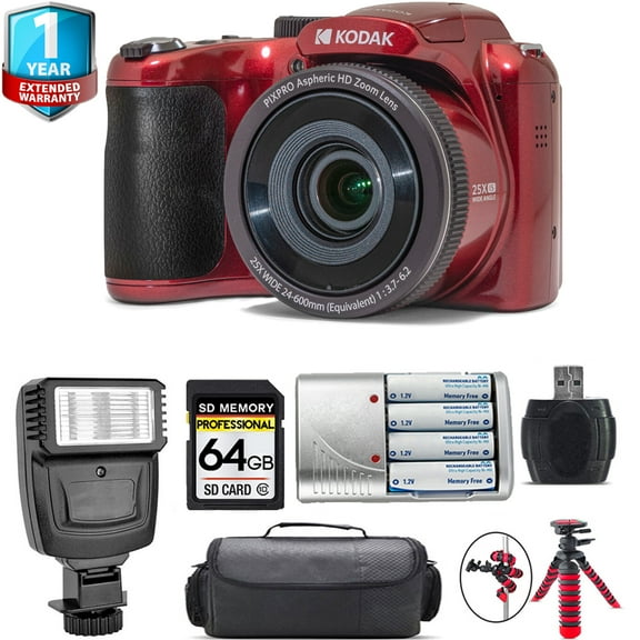 Kodak PIXPRO AZ255 Digital Camera (Red) + 1 Yr Warranty + Flash - 64GB Kit (International Version)