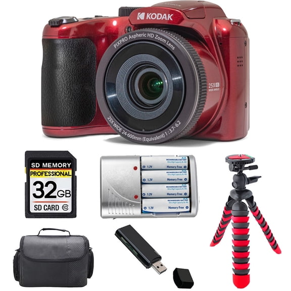 Kodak PIXPRO AZ255 Digital Camera (Red) + Extra Battery +Tripod + Case -32GB Kit