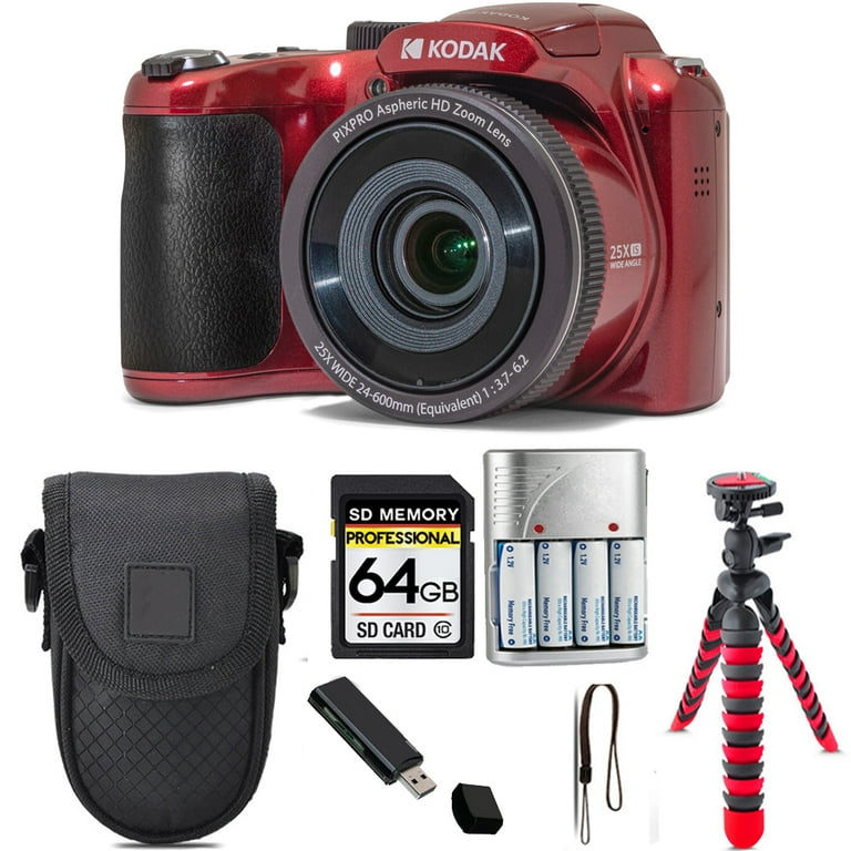Kodak PIXPRO AZ255 Digital Camera (Red) + Tripod + Case - 64GB Kit