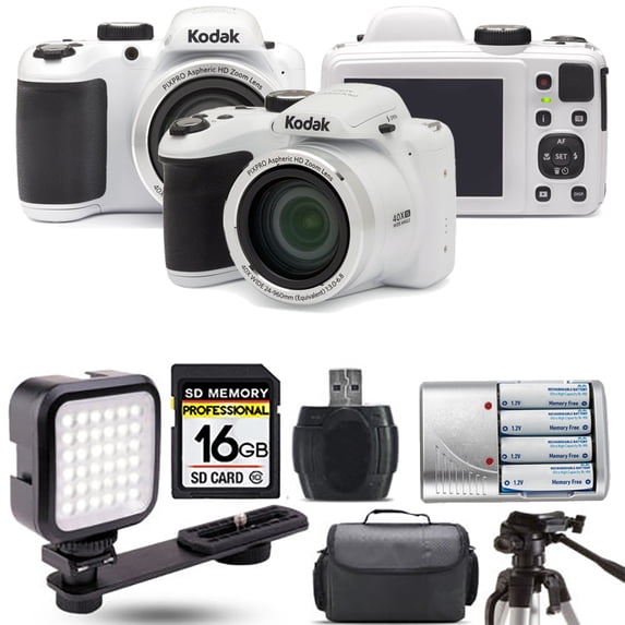 Kodak PIXPRO AZ401 Camera (White) + Extra Battery + LED - 16GB Kit (International Version)