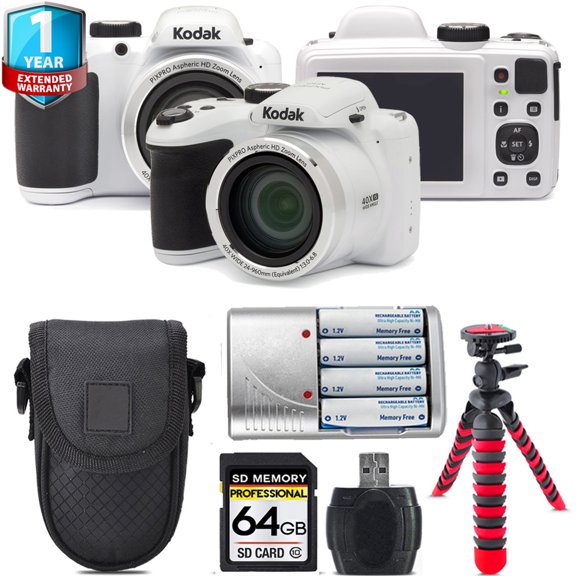 Kodak PIXPRO AZ401 Camera (White) + Extra Battery +Tripod + 1 Yr Warranty -64GB Kit (International Version)