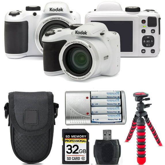 Kodak PIXPRO AZ401 Camera (White) + Extra Battery +Tripod + Case -32GB Kit (International Version)