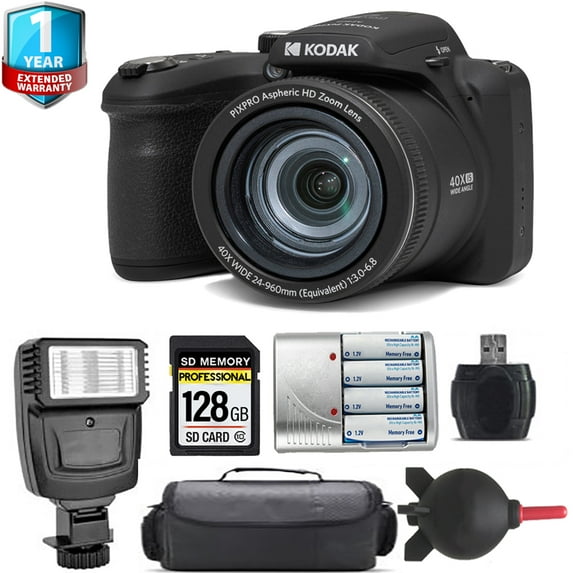 Kodak PIXPRO AZ405 Digital Camera (Black) + Extra Battery + Flash+ 1 Yr Warranty