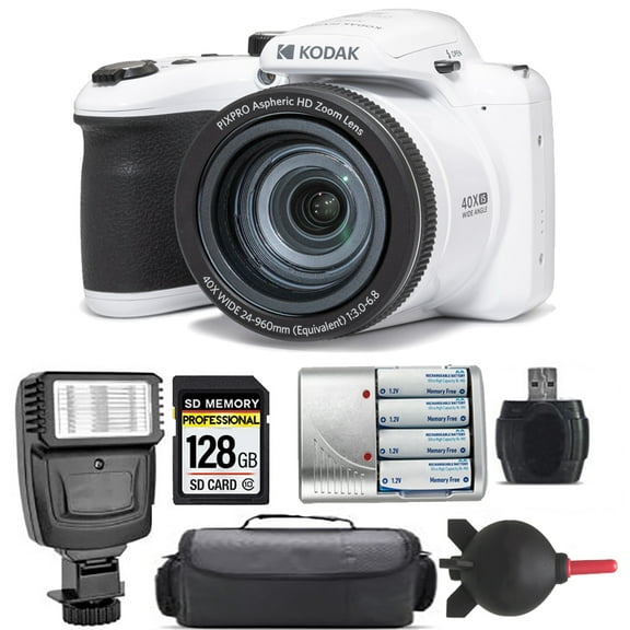 Kodak PIXPRO AZ405 Digital Camera (White) + Extra Battery + Flash - 128GB Kit (International Version)