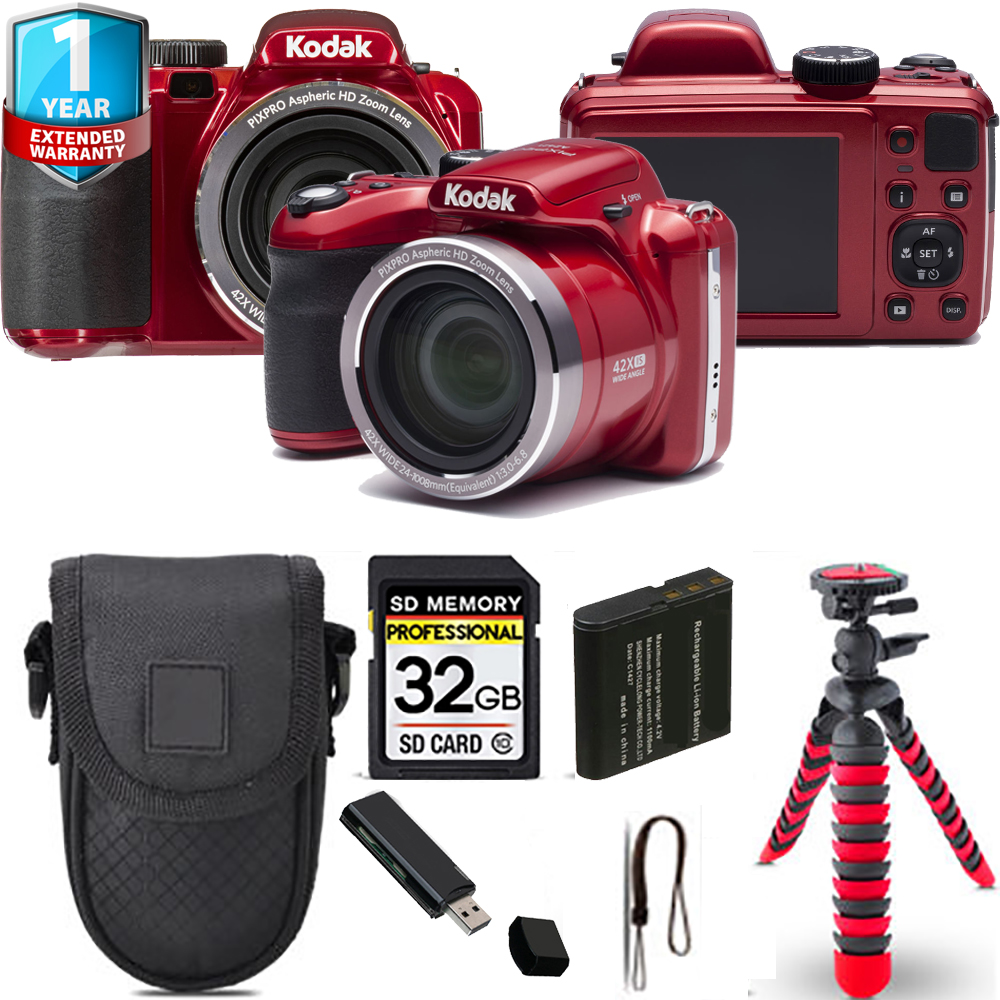 Kodak PIXPRO AZ421 Digital Camera (Red) + Spider Tripod + Case+ 1 Yr ...