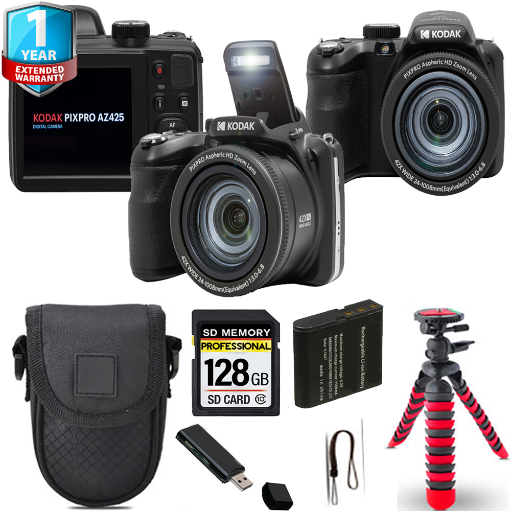 Kodak PIXPRO AZ425 Digital Camera (Black) + Spider Tripod + 1 Yr ...