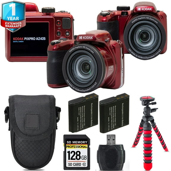 Kodak PIXPRO AZ425 Digital Camera (Red) + Extra Battery +1 Yr Warranty + Case -128GB