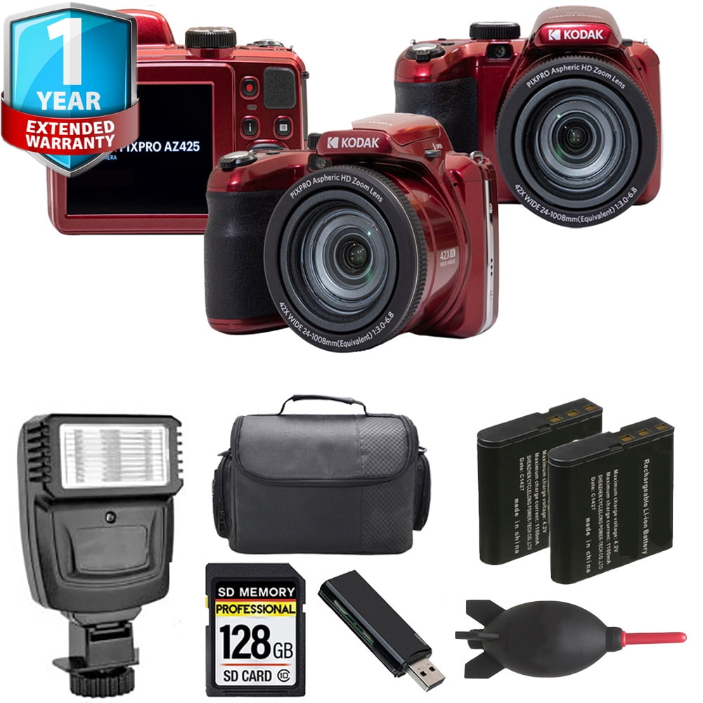 Kodak PIXPRO AZ425 Digital Camera (Red) + Extra Battery + Flash+ 1 Yr Warranty