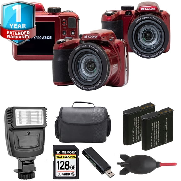 Kodak PIXPRO AZ425 Digital Camera (Red) + Extra Battery + Flash+ 1 Yr Warranty