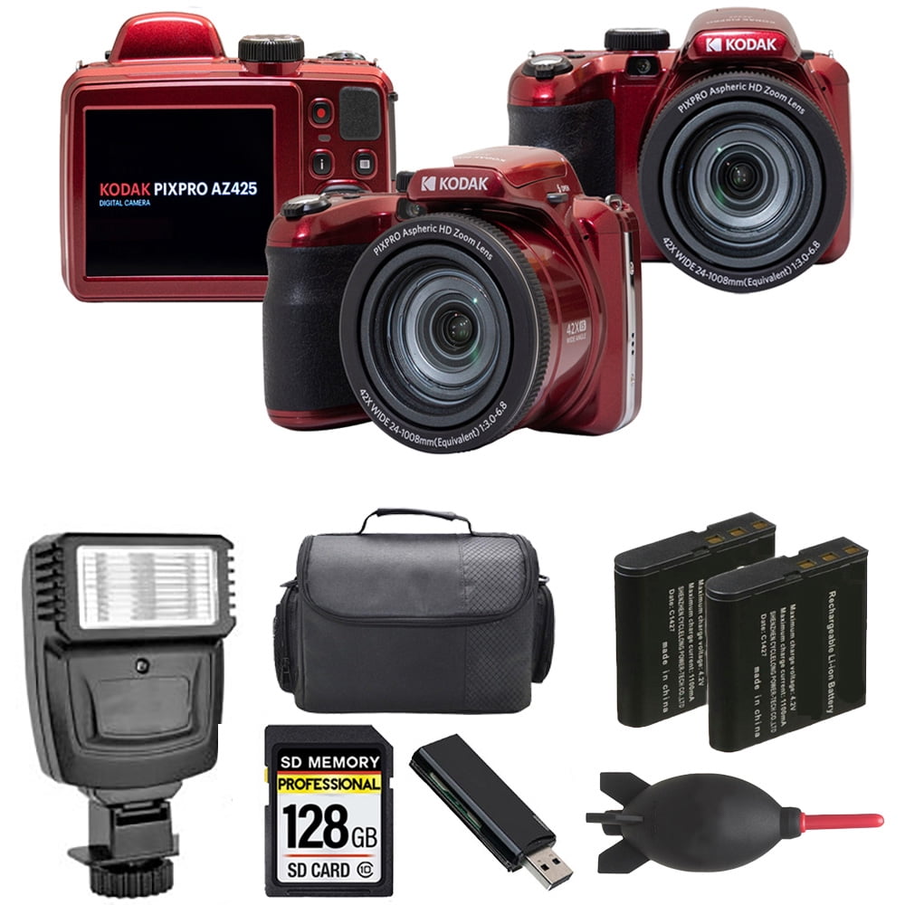 Kodak PIXPRO AZ425 Digital Camera (Red) + Extra Battery + Flash - 128GB Kit