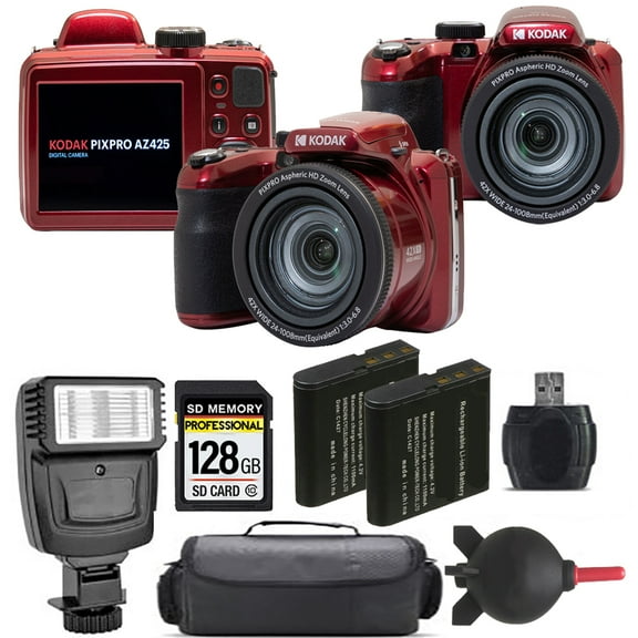 Kodak PIXPRO AZ425 Digital Camera (Red) + Extra Battery + Flash - 128GB Kit