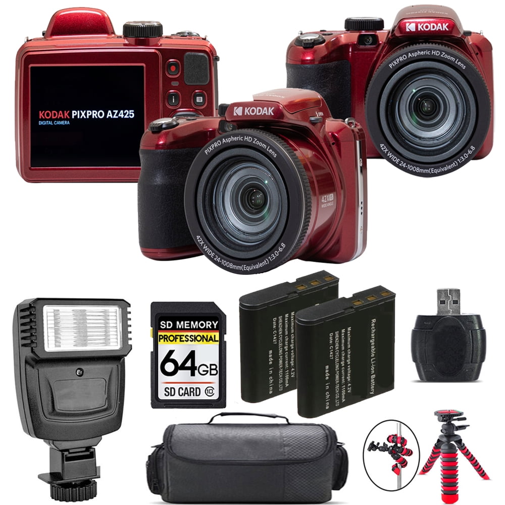 Kodak PIXPRO AZ425 Digital Camera (Red) + Extra Battery + Flash 64GB