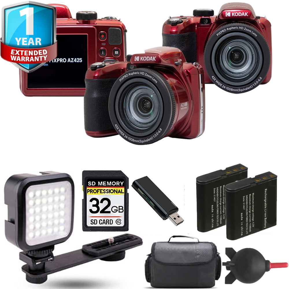 Kodak PIXPRO AZ425 Digital Camera (Red) + Extra Battery + LED +1 Yr Warranty