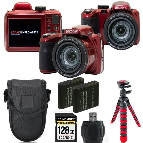 Kodak PIXPRO AZ425 Digital Camera (Red) + Extra Battery +Tripod + Case -128GB Kit (International Version)