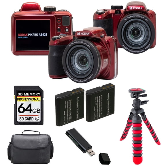 Kodak PIXPRO AZ425 Digital Camera (Red) + Extra Battery +Tripod + Case -64GB Kit