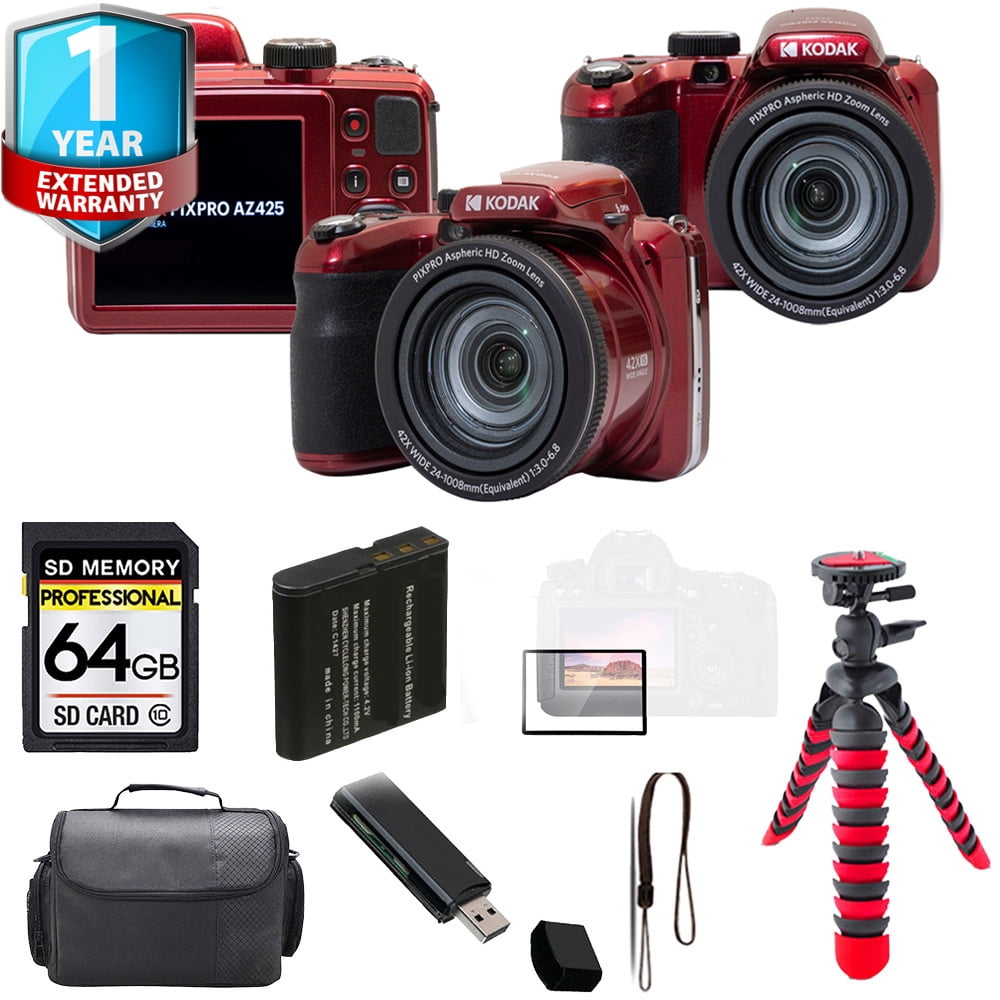 Kodak PIXPRO AZ425 Digital Camera (Red) + Spider Tripod + 1 Yr Warranty - 64GB