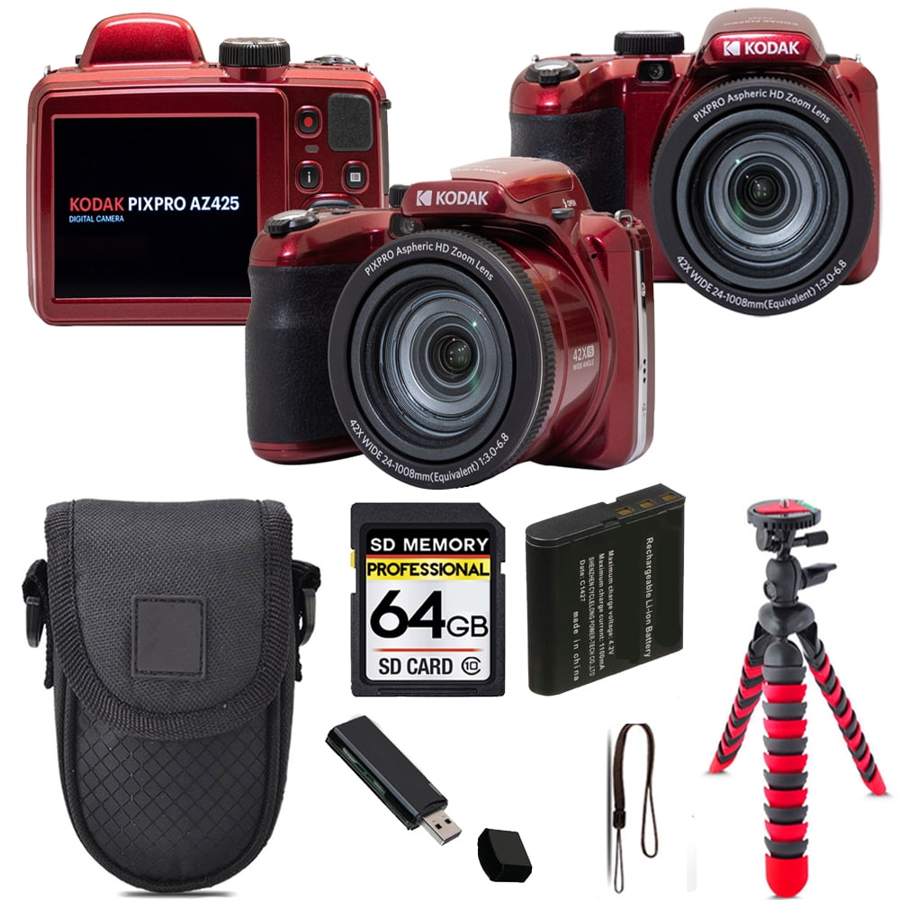 Kodak PIXPRO AZ425 Digital Camera (Red) + Tripod + Case