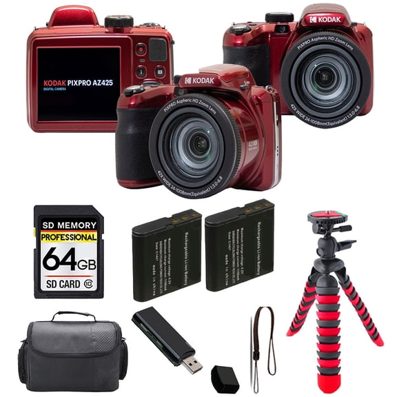 Kodak PIXPRO AZ425 Digital Camera (Red) + Tripod + Case - 64GB Kit