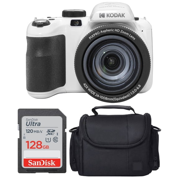 Kodak PIXPRO AZ425 Digital Camera (White) + Case + 128GB Memory Card