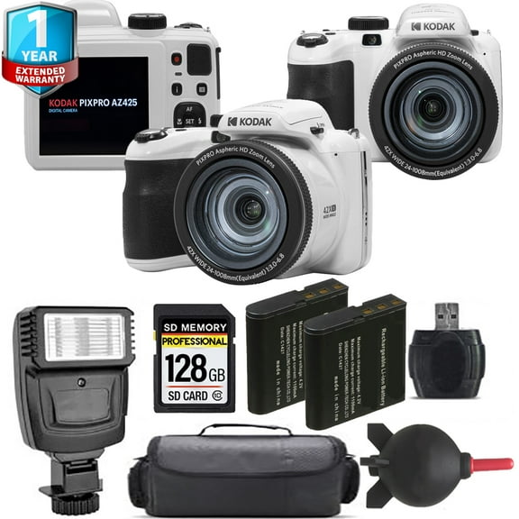 Kodak PIXPRO AZ425 Digital Camera (White) + Extra Battery + Flash+ 1 Yr Warranty