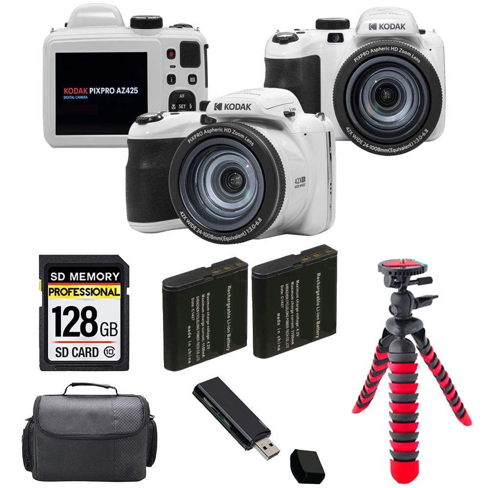 Kodak PIXPRO AZ425 Digital Camera (White) + Extra Battery +Tripod + Case -128GB Kit