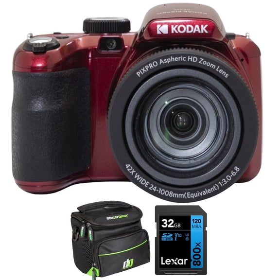 Kodak PIXPRO AZ425-RD 20.7 Megapixel Bridge Camera Red Bundle with Lexar 32GB High-Performance 800x Memory Card (BLUE Series) + Deco Gear Camera Bag for DSLR and Mirrorless Cameras (Small)