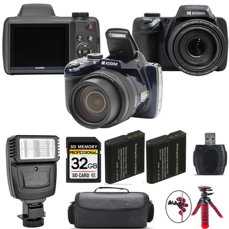 Kodak PIXPRO AZ528 Digital Camera (Black) + Extra Battery + Flash - 32GB Kit (International Version)