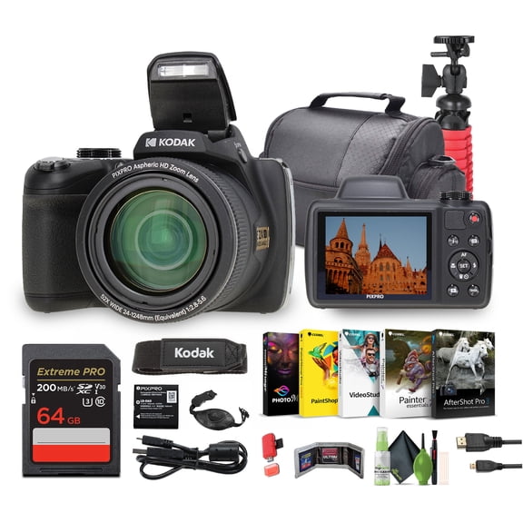 Kodak PIXPRO Astro Zoom AZ528 16MP Vlogging Digital Camera (Black) with 64GB Memory Card + Vlogger Tripod + Bag + Cleaning Kit + More