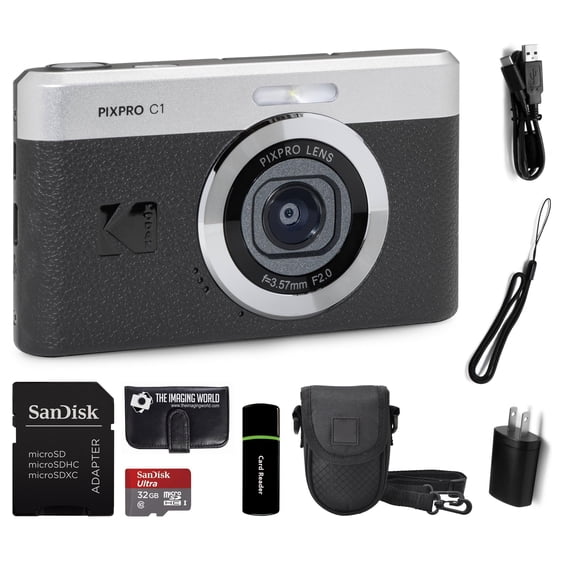 Kodak PIXPRO C1 Compact Digital Camera Black 13MP Compact Point and Shoot with 2.8 180 Tilt LCD Flip Screen, 4X Zoom and 1080P Full HD Video for Travel, Vlogging + Case, 32GB Card and Reader Bundle