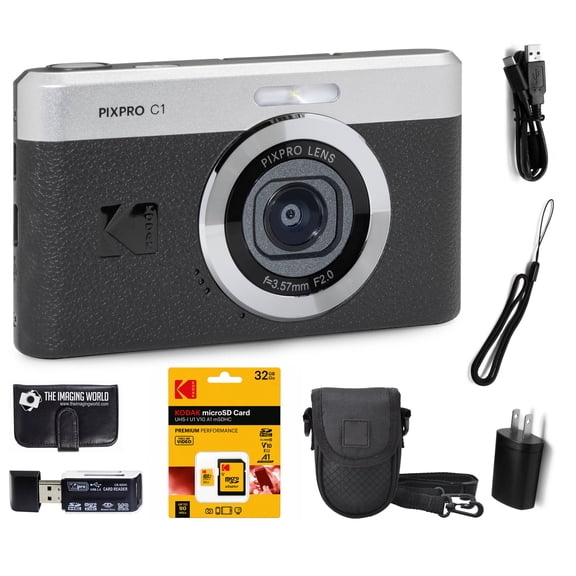Kodak PIXPRO C1 Compact Digital Camera Black 13MP Compact Point and Shoot with 2.8 180 Tilt LCD Flip Screen, 4X Zoom and 1080P Full HD Video for Travel, Vlogging + Case, 32GB Card and Reader Bundle