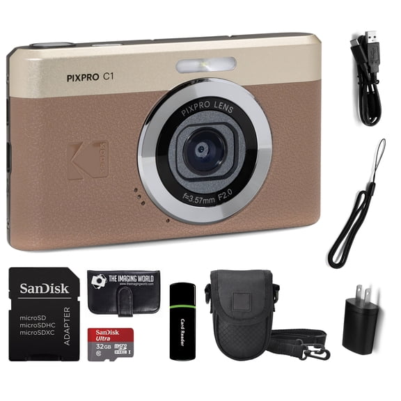 Kodak PIXPRO C1 Compact Digital Camera Brown 13MP Compact Point and Shoot with 2.8 180 Tilt LCD Flip Screen, 4X Zoom and 1080P Full HD Video for Travel, Vlogging + Case, 32GB Card and Reader Bundle