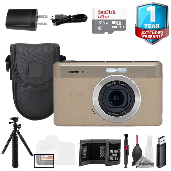 Kodak PIXPRO C1 Compact Digital Camera Tan + 32GB + 1 Yr Warranty + Tripod- Value Kit (International Version)