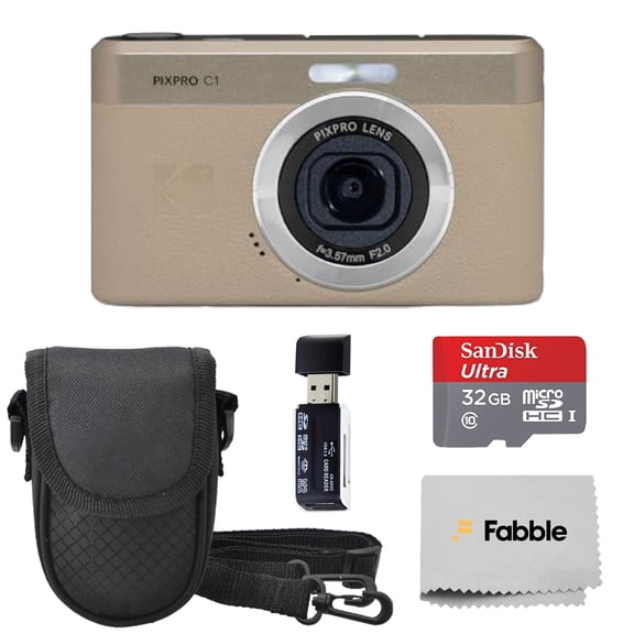 Kodak PIXPRO C1 Compact Digital Camera (Tan) Bundle with 32GB microSDHC Card, Protective Camera Case, Hi-Speed USB Card Reader, USB-C Cable, AC Adapter, and Manufacturer Accessories