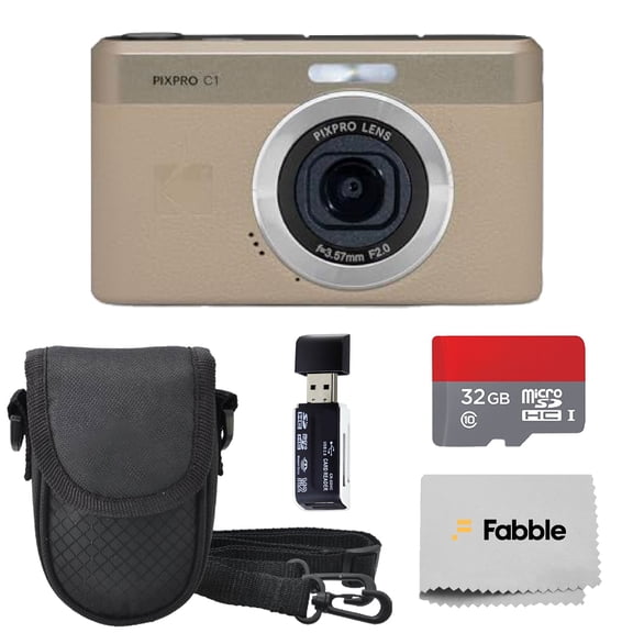 Kodak PIXPRO C1 Compact Digital Camera (Tan) Bundle with 32GB microSDHC Card, Protective Camera Case, Hi-Speed USB Card Reader, USB-C Cable, AC Adapter, and Manufacturer Accessories