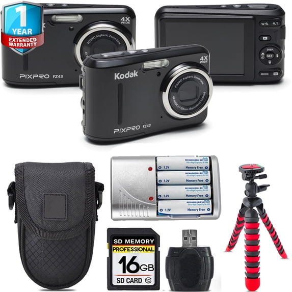 Kodak PIXPRO FZ43 Digital Camera (Black) + Extra Battery +1 Yr Warranty + Case -16GB