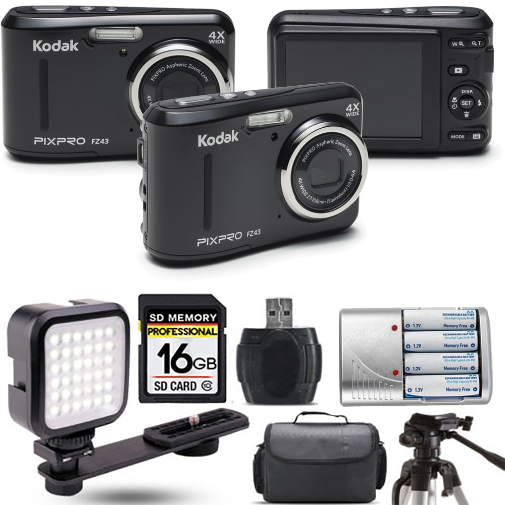 Kodak PIXPRO FZ43 Digital Camera (Black) + Extra Battery + LED