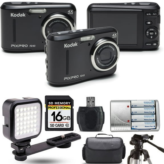 Kodak PIXPRO FZ43 Digital Camera (Black) + Extra Battery + LED - 16GB Kit